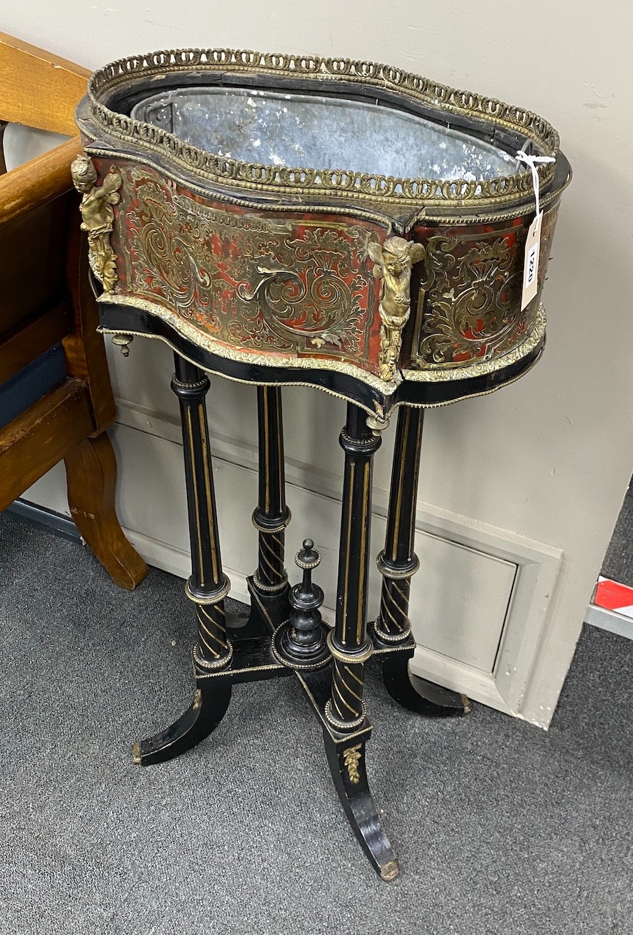 A 19th century boullework jardiniere, now on fluted ebonised stand, width 46cm, depth 33cm, height 90cm